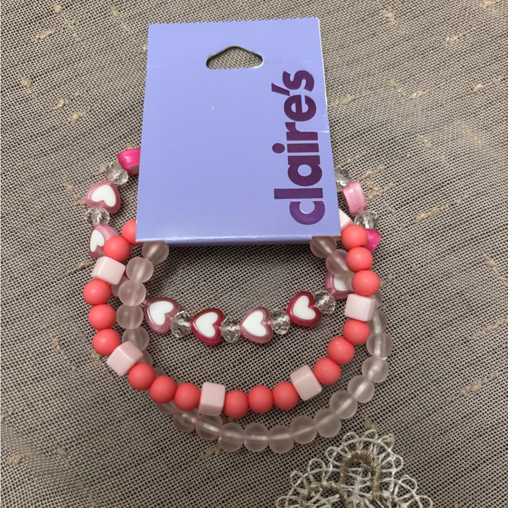 Claire's Heart Charm Beaded Bracelets - Pink and Red